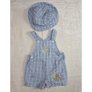 Y2K Vintage BT Kids Baby Boy Noah Ark Plaid Overall Hat Set 6-9M
